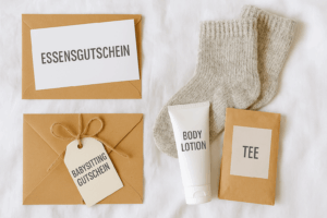 Elterngeschenke, Essensgutschein, Babysitting Gutschein, Wellness, Tee